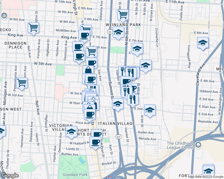 map of restaurants, bars, coffee shops, grocery stores, and more near 136 East 3rd Avenue in Columbus
