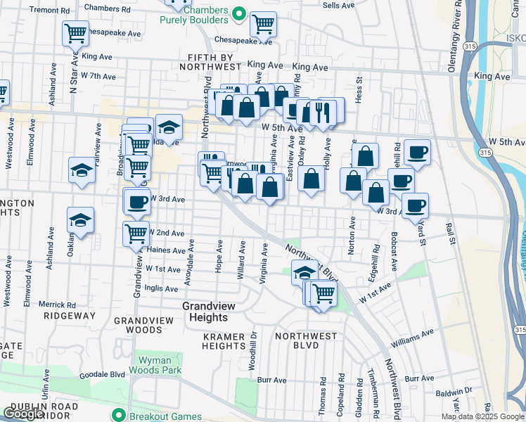 map of restaurants, bars, coffee shops, grocery stores, and more near 1171 West 3rd Avenue in Columbus