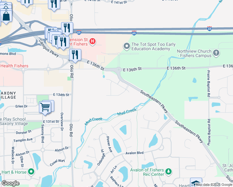 map of restaurants, bars, coffee shops, grocery stores, and more near 14101 Southeastern Parkway in Fishers