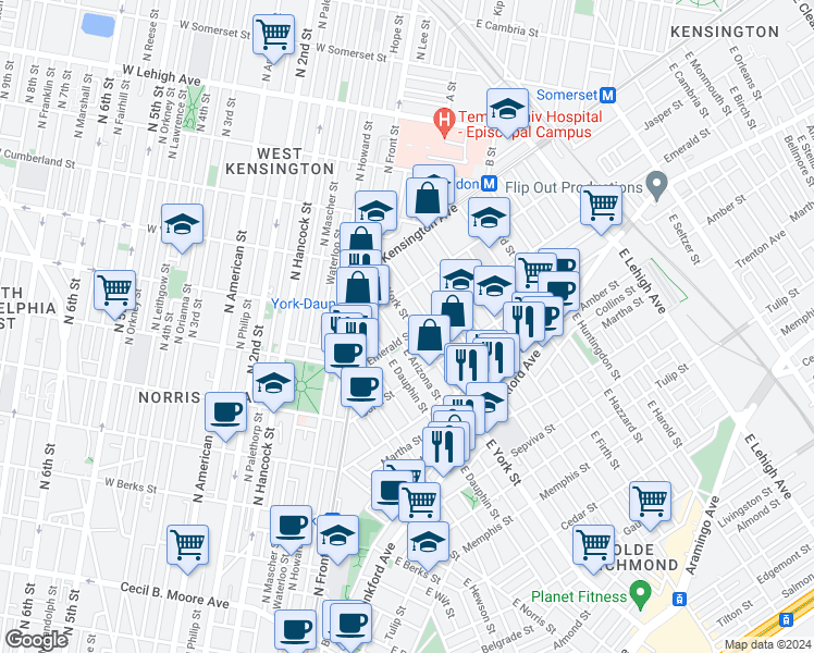 map of restaurants, bars, coffee shops, grocery stores, and more near 1942 East York Street in Philadelphia