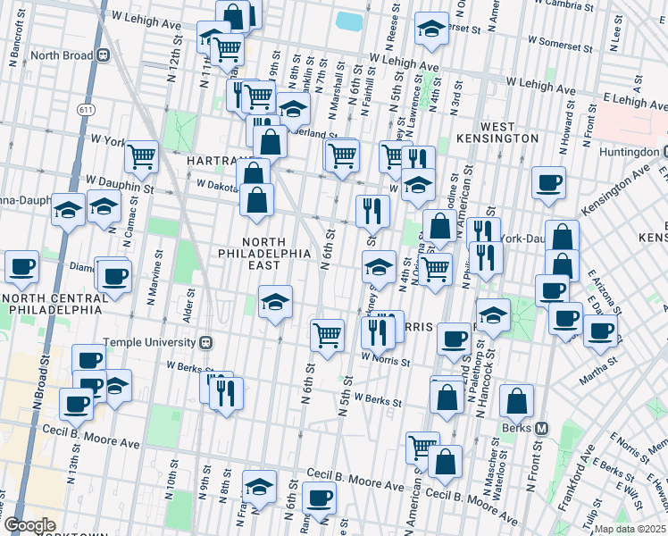map of restaurants, bars, coffee shops, grocery stores, and more near 532 West Susquehanna Avenue in Philadelphia