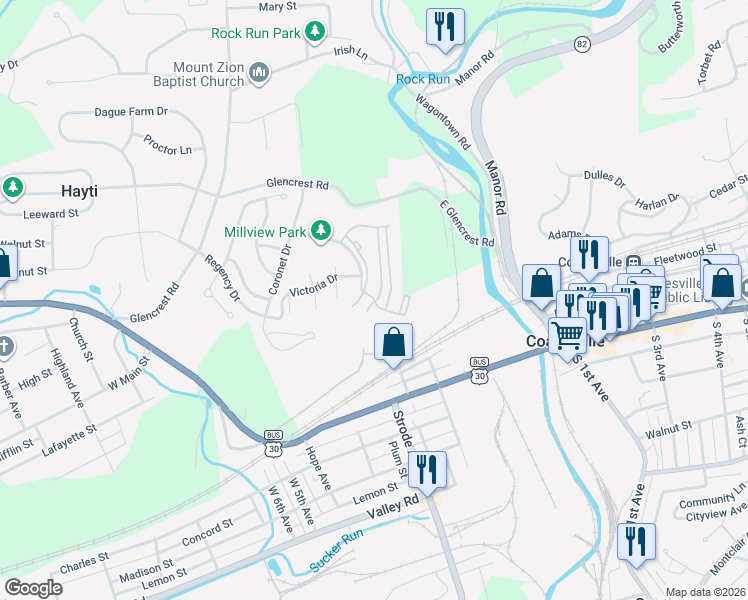 map of restaurants, bars, coffee shops, grocery stores, and more near Smithbridge Drive in Coatesville