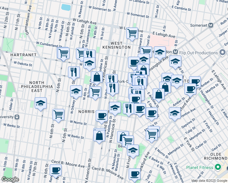map of restaurants, bars, coffee shops, grocery stores, and more near 2234 North Palethorp Street in Philadelphia