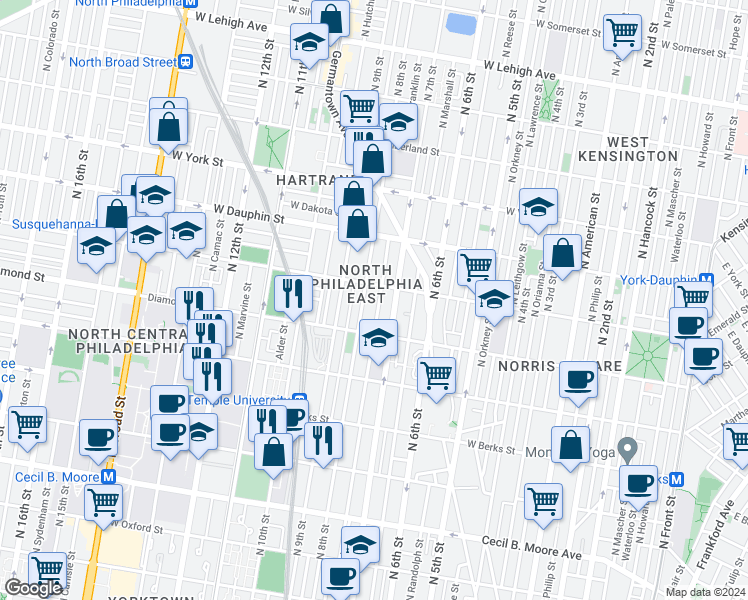 map of restaurants, bars, coffee shops, grocery stores, and more near 2152 North Franklin Street in Philadelphia