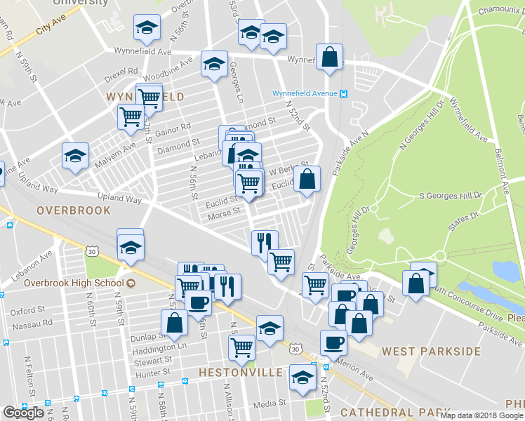 map of restaurants, bars, coffee shops, grocery stores, and more near 5377 West Montgomery Avenue in Philadelphia