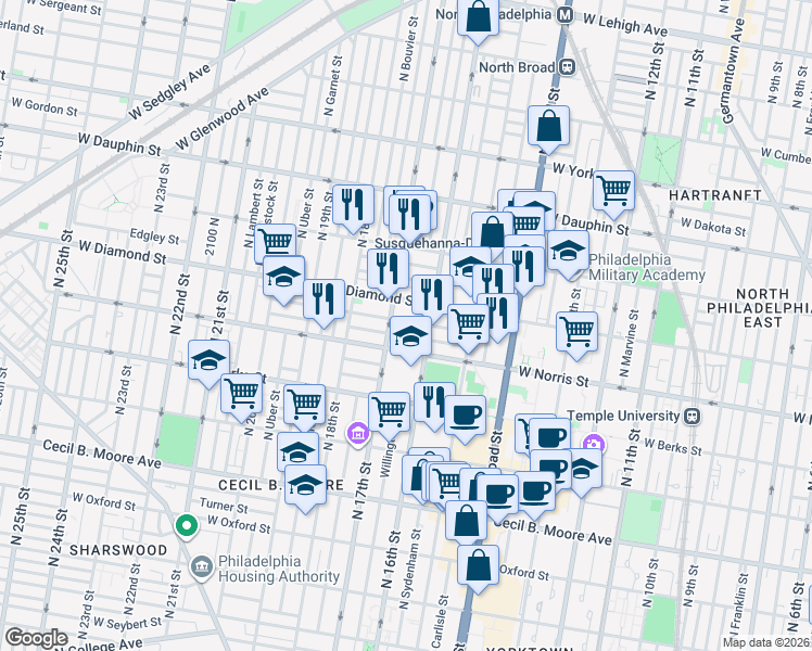 map of restaurants, bars, coffee shops, grocery stores, and more near 1618 Fontain Street in Philadelphia
