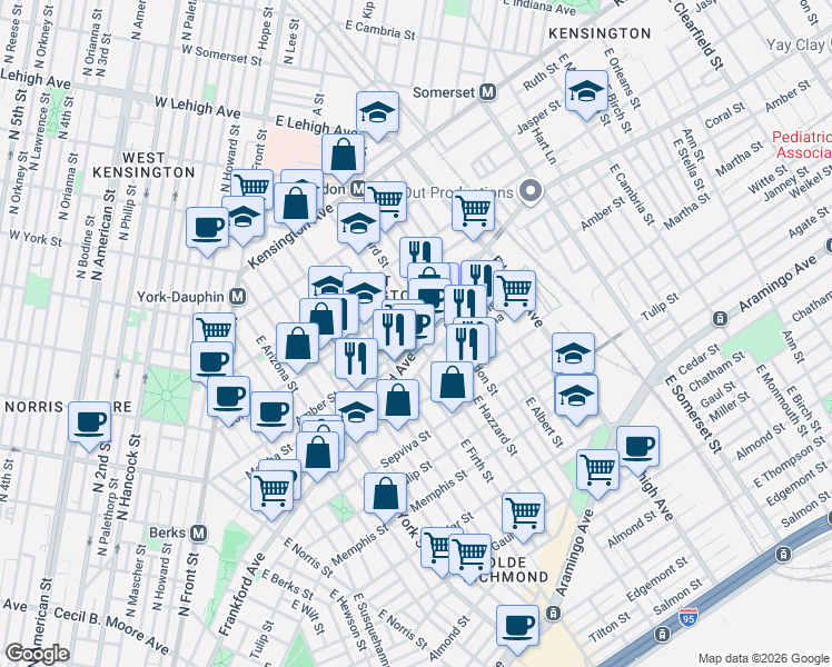 map of restaurants, bars, coffee shops, grocery stores, and more near 2111 East Sergeant Street in Philadelphia
