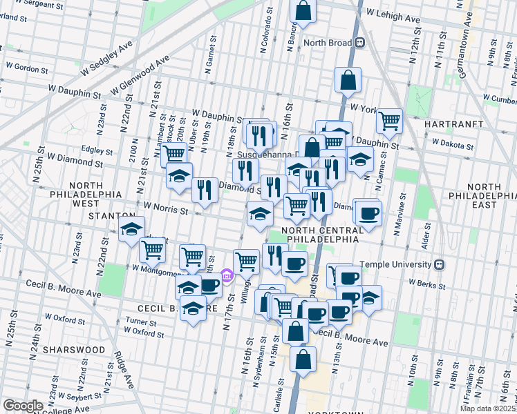 map of restaurants, bars, coffee shops, grocery stores, and more near 1616 Fontain Street in Philadelphia