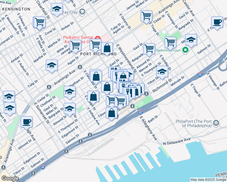 map of restaurants, bars, coffee shops, grocery stores, and more near 3163 Mercer Street in Philadelphia