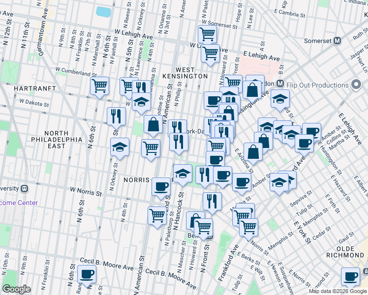 map of restaurants, bars, coffee shops, grocery stores, and more near 2207 North Hancock Street in Philadelphia