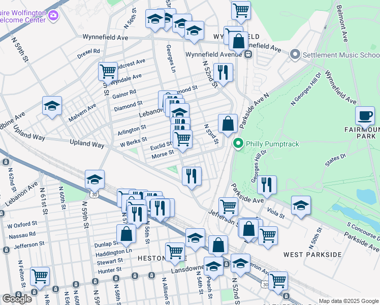 map of restaurants, bars, coffee shops, grocery stores, and more near 5377 West Montgomery Avenue in Philadelphia
