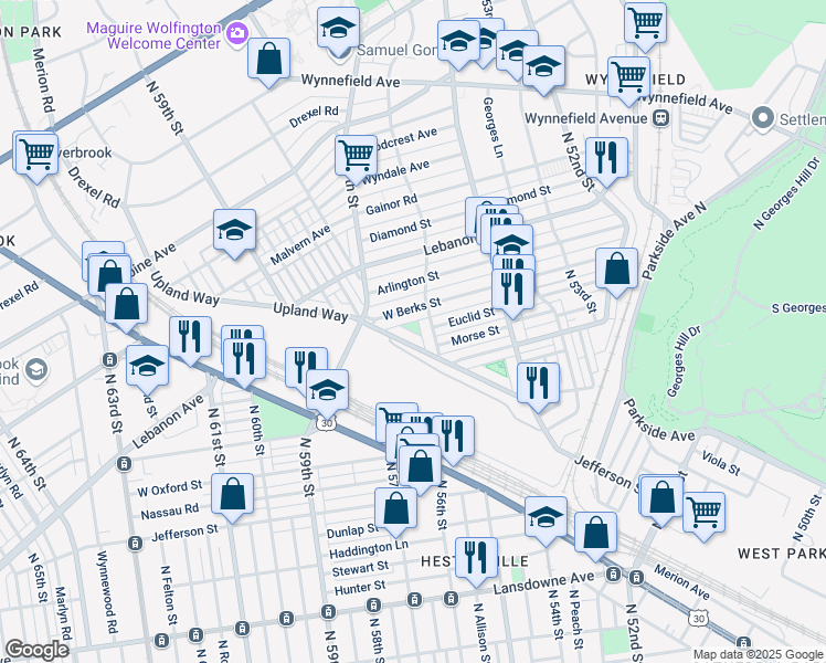 map of restaurants, bars, coffee shops, grocery stores, and more near 5633 Upland Way in Philadelphia