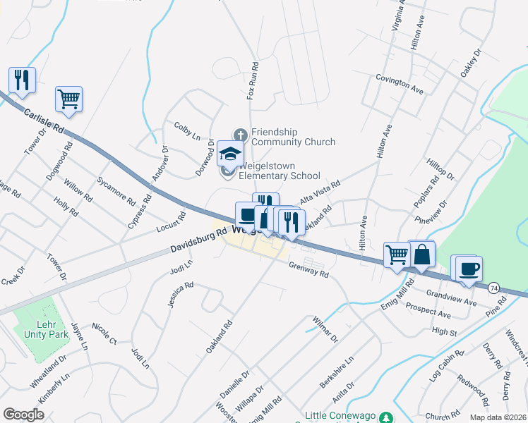 map of restaurants, bars, coffee shops, grocery stores, and more near in Weigelstown