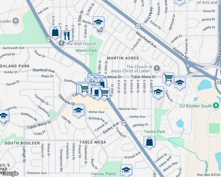 map of restaurants, bars, coffee shops, grocery stores, and more near 605 South 40th Street in Boulder