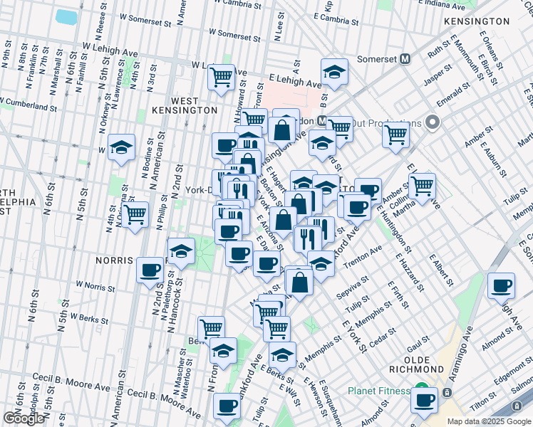 map of restaurants, bars, coffee shops, grocery stores, and more near 1936 East York Street in Philadelphia