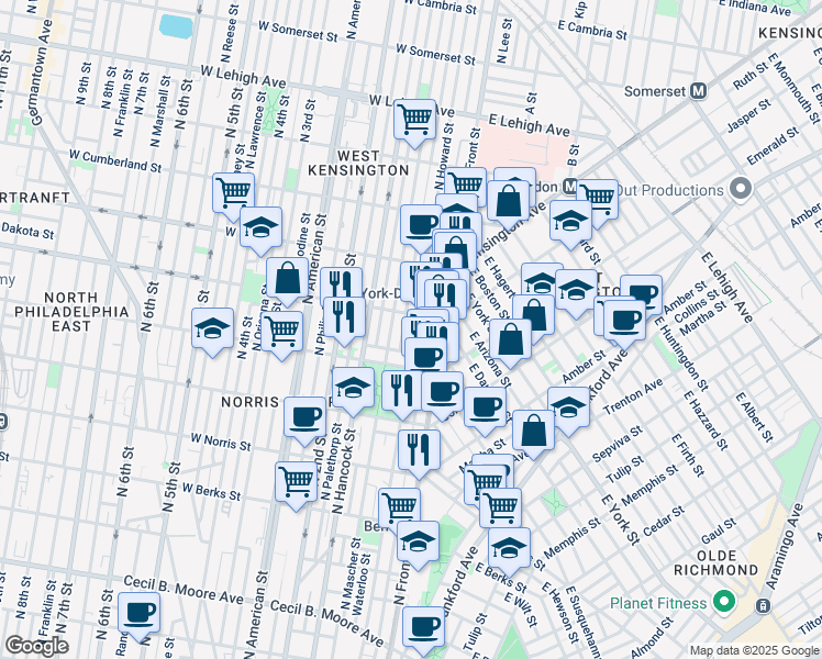 map of restaurants, bars, coffee shops, grocery stores, and more near 2222 North Howard Street in Philadelphia