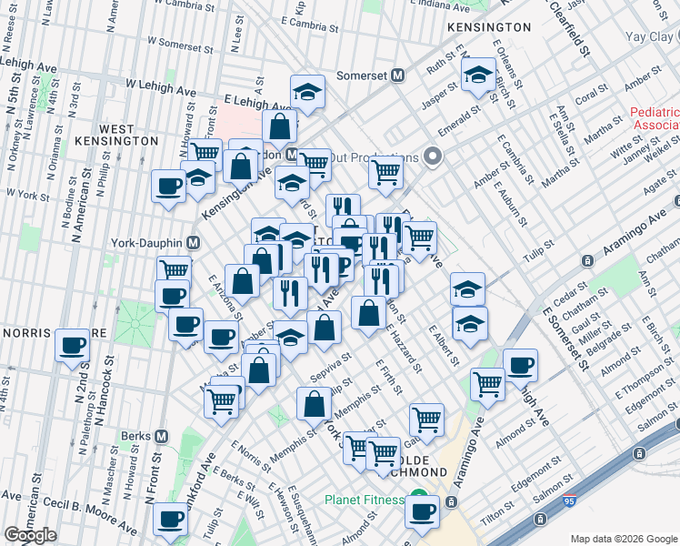 map of restaurants, bars, coffee shops, grocery stores, and more near 2550 Collins Street in Philadelphia
