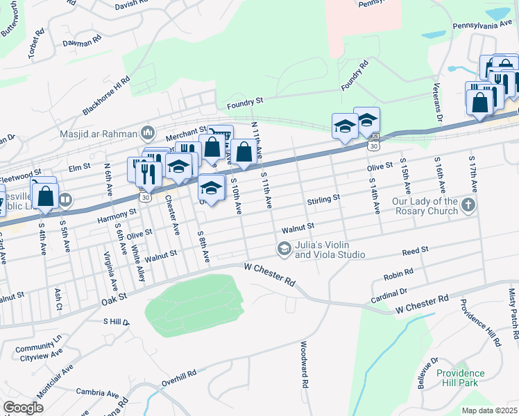 map of restaurants, bars, coffee shops, grocery stores, and more near 1019 Stirling Street in Coatesville