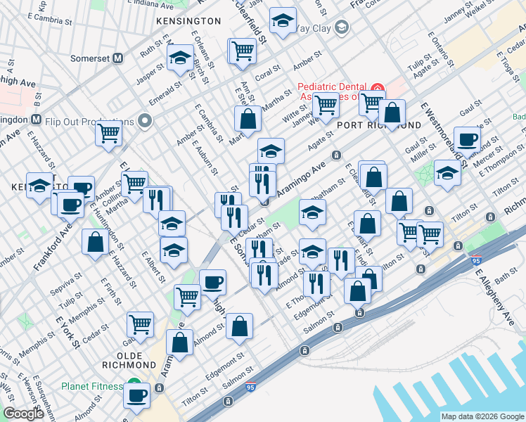 map of restaurants, bars, coffee shops, grocery stores, and more near 2848 Cedar Street in Philadelphia