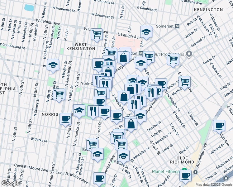 map of restaurants, bars, coffee shops, grocery stores, and more near 1936 East York Street in Philadelphia