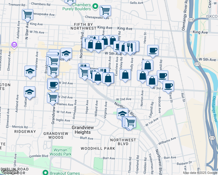 map of restaurants, bars, coffee shops, grocery stores, and more near 1171 West 3rd Avenue in Grandview Heights