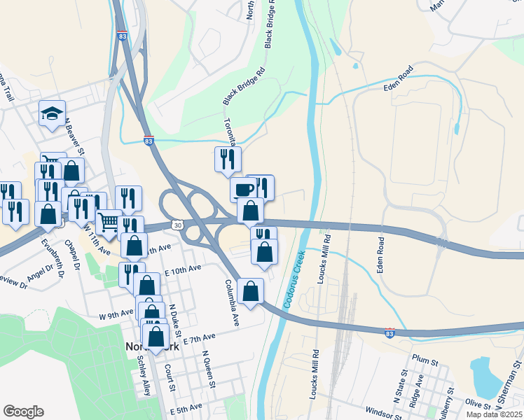 map of restaurants, bars, coffee shops, grocery stores, and more near 303 Arsenal Road in York