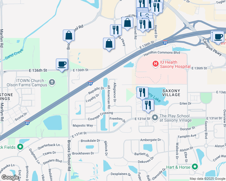 map of restaurants, bars, coffee shops, grocery stores, and more near 13426 Allegiance Drive in Fishers