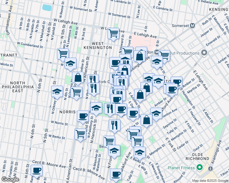 map of restaurants, bars, coffee shops, grocery stores, and more near 2253 North Howard Street in Philadelphia