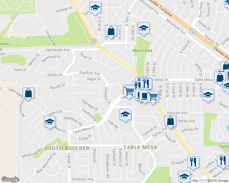 map of restaurants, bars, coffee shops, grocery stores, and more near 3455 Table Mesa Drive in Boulder