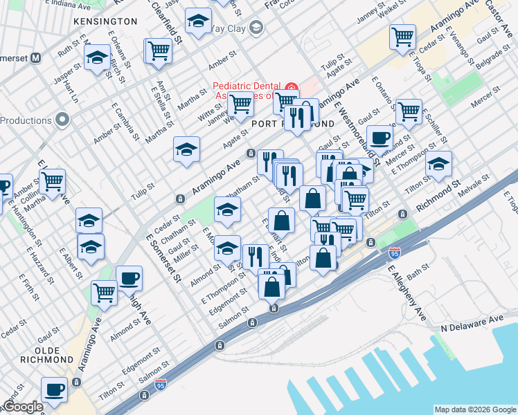 map of restaurants, bars, coffee shops, grocery stores, and more near 2581 East Elkhart Street in Philadelphia