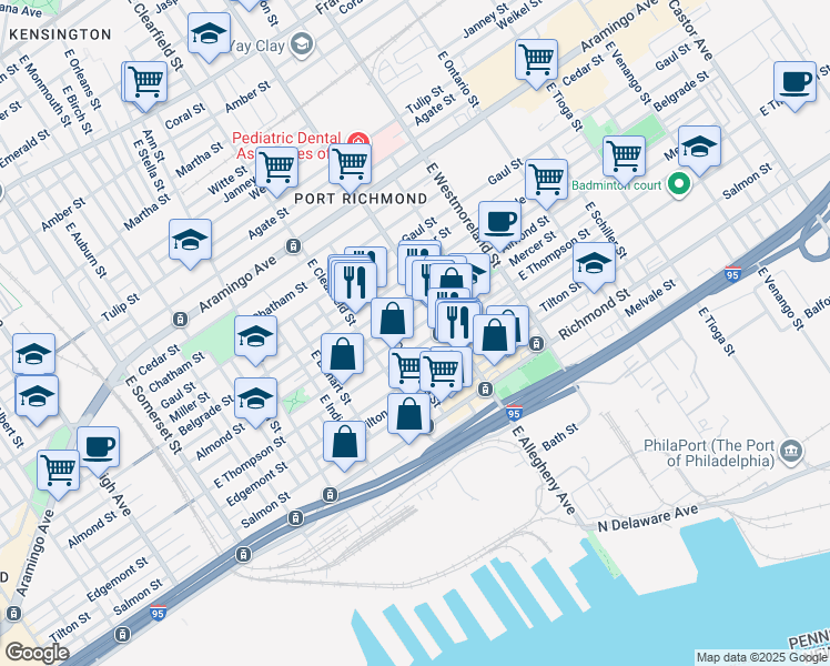 map of restaurants, bars, coffee shops, grocery stores, and more near 3163 Mercer Street in Philadelphia