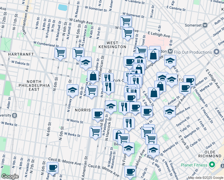 map of restaurants, bars, coffee shops, grocery stores, and more near 2241 North Palethorp Street in Philadelphia