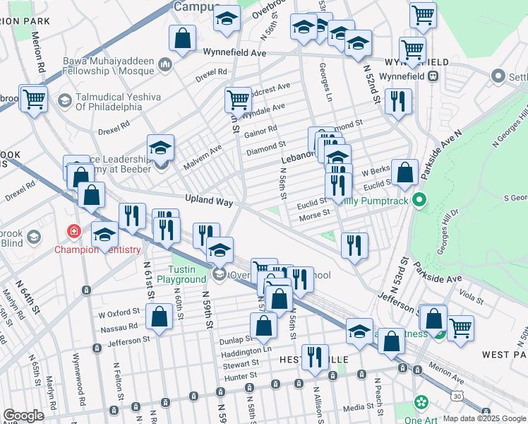 map of restaurants, bars, coffee shops, grocery stores, and more near 5655 Upland Way in Philadelphia