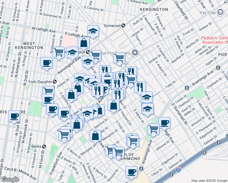 map of restaurants, bars, coffee shops, grocery stores, and more near East Huntingdon Street & Collins Street in Philadelphia
