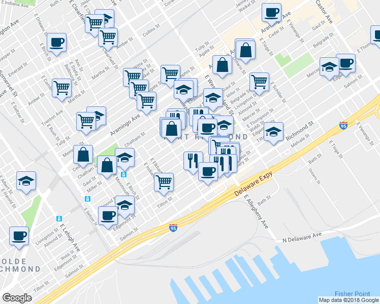 map of restaurants, bars, coffee shops, grocery stores, and more near 2609 East Clementine Street in Philadelphia