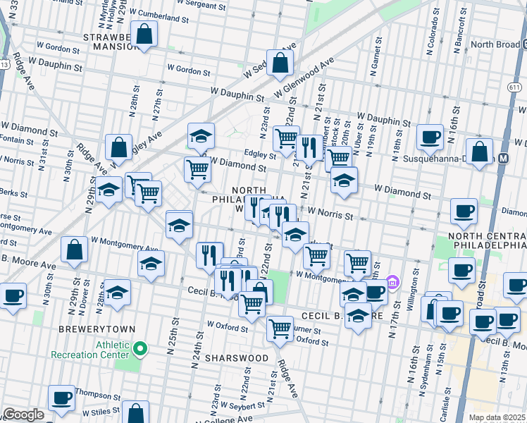 map of restaurants, bars, coffee shops, grocery stores, and more near 1953 North Croskey Street in Philadelphia