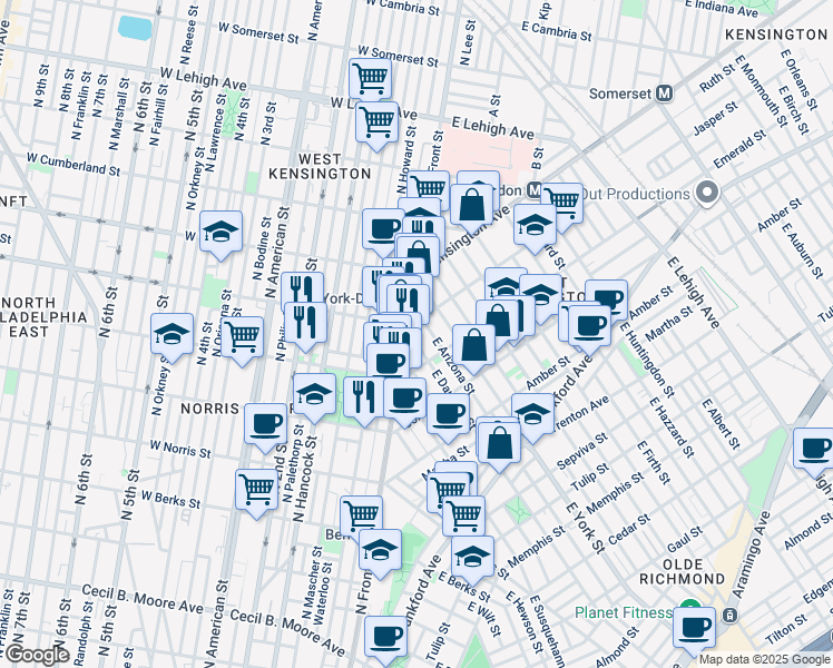 map of restaurants, bars, coffee shops, grocery stores, and more near 1905 East Dauphin Street in Philadelphia