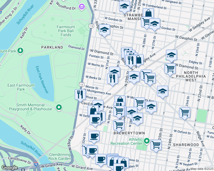 map of restaurants, bars, coffee shops, grocery stores, and more near 3032 Euclid Avenue in Philadelphia