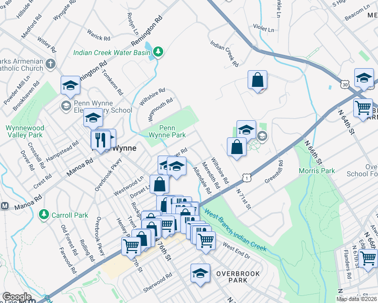 map of restaurants, bars, coffee shops, grocery stores, and more near 56 Allandale Road in Wynnewood