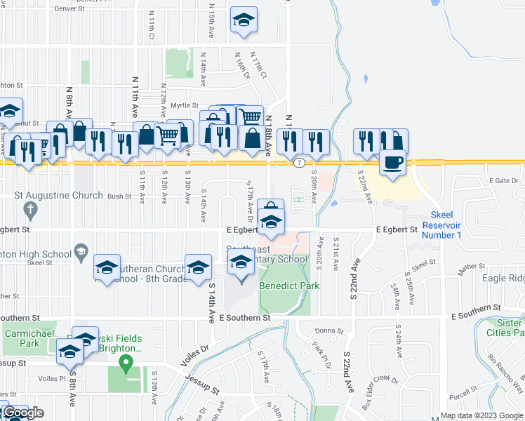 map of restaurants, bars, coffee shops, grocery stores, and more near 145 South 18th Avenue in Brighton