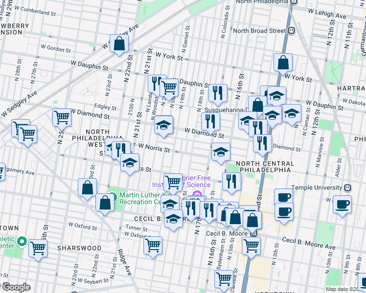 map of restaurants, bars, coffee shops, grocery stores, and more near 2017 North Gratz Street in Philadelphia