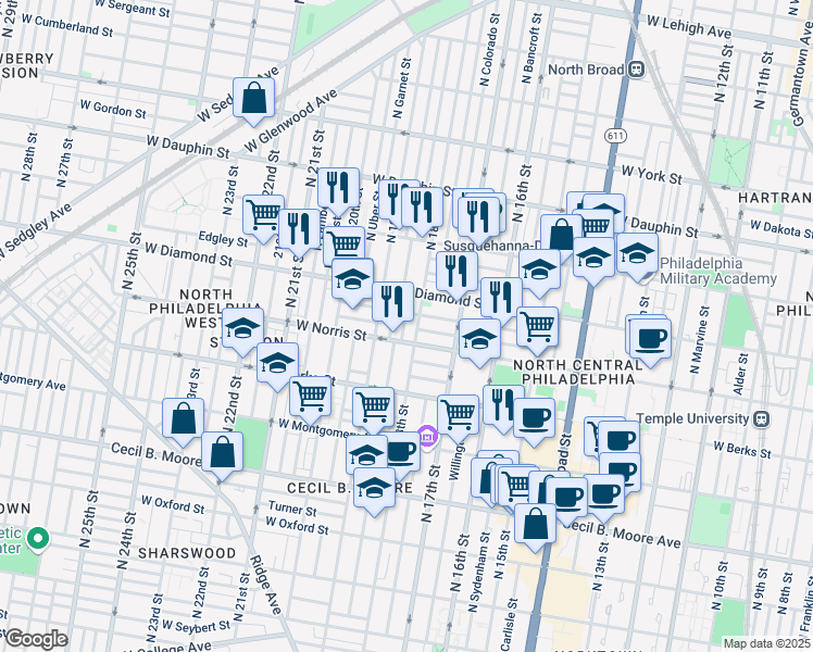 map of restaurants, bars, coffee shops, grocery stores, and more near 2021 North Cleveland Street in Philadelphia