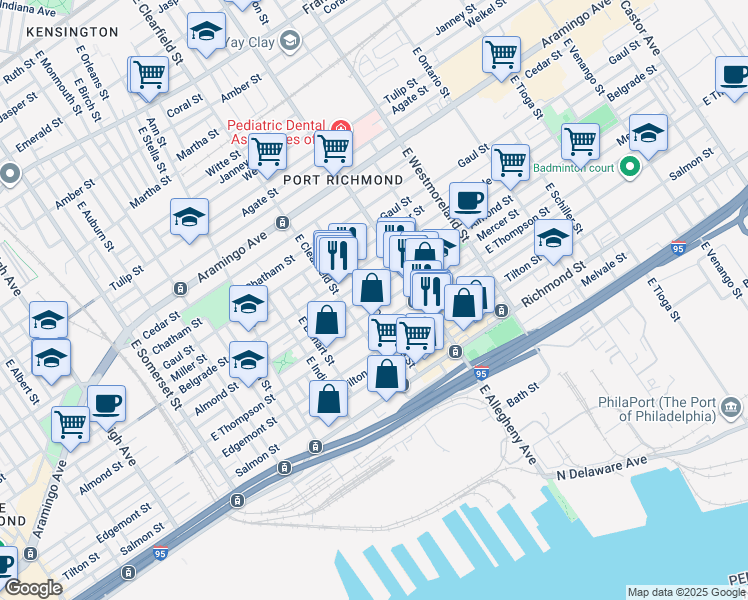 map of restaurants, bars, coffee shops, grocery stores, and more near 2609 East Clementine Street in Philadelphia