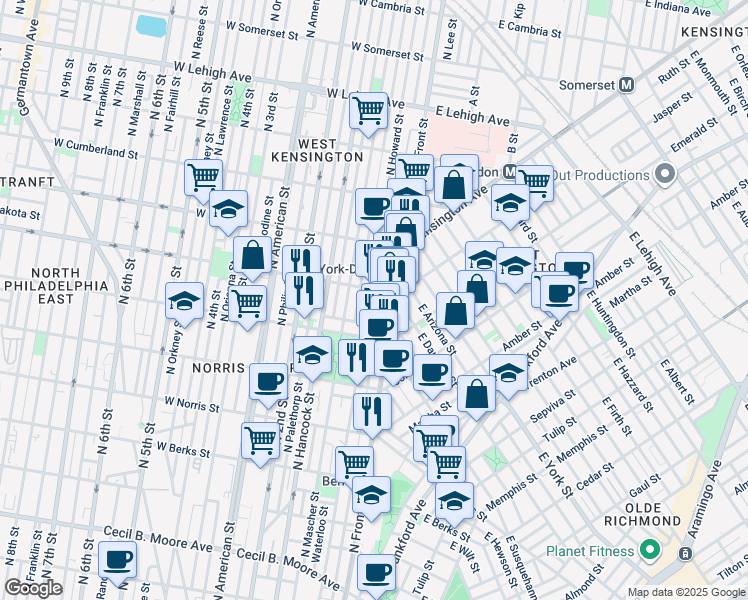 map of restaurants, bars, coffee shops, grocery stores, and more near 2253 North Howard Street in Philadelphia
