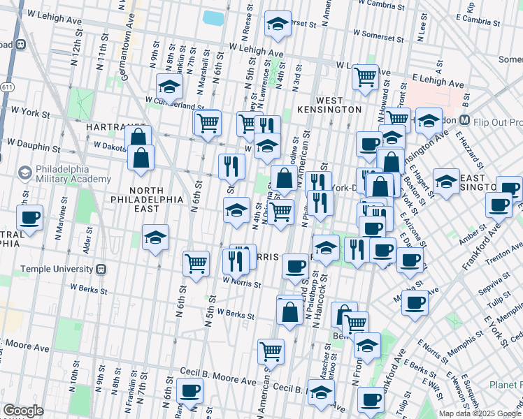 map of restaurants, bars, coffee shops, grocery stores, and more near 2213 North 4th Street in Philadelphia