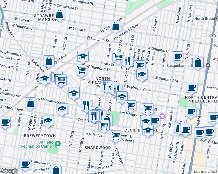 map of restaurants, bars, coffee shops, grocery stores, and more near 1953 North Croskey Street in Philadelphia