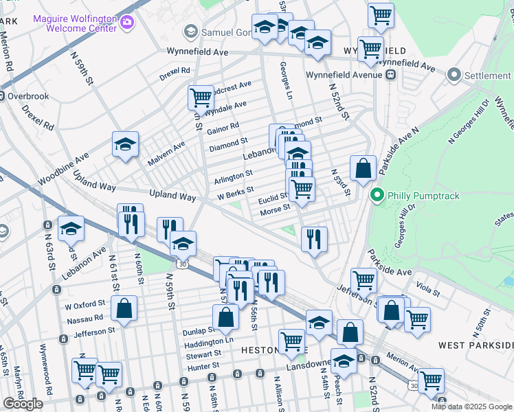 map of restaurants, bars, coffee shops, grocery stores, and more near 5468 Euclid Street in Philadelphia