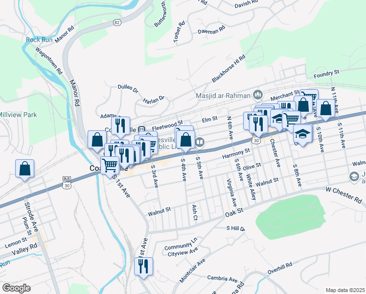 map of restaurants, bars, coffee shops, grocery stores, and more near 15 North 4th Avenue in Coatesville
