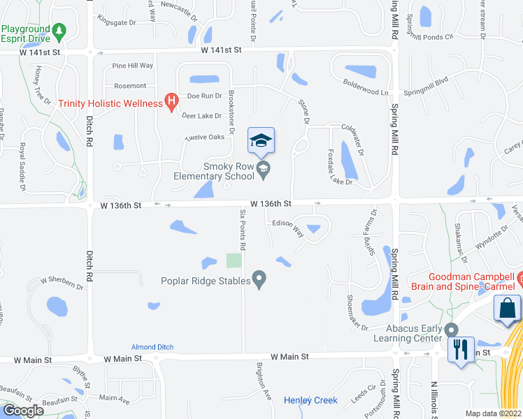 map of restaurants, bars, coffee shops, grocery stores, and more near 13592 Ashbury Drive in Carmel