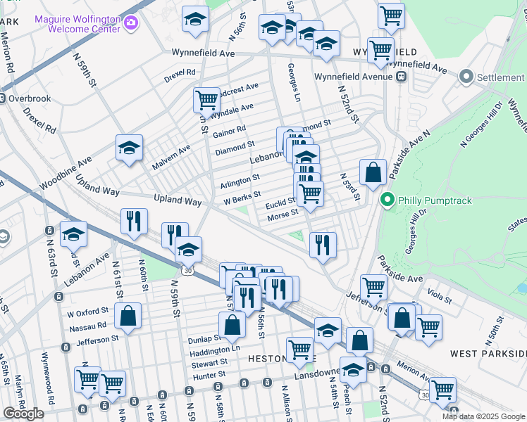 map of restaurants, bars, coffee shops, grocery stores, and more near 5468 Euclid Street in Philadelphia